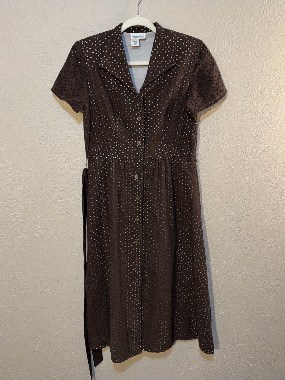 Vintage-Inspired Brown Eyelet Button-Front Dress